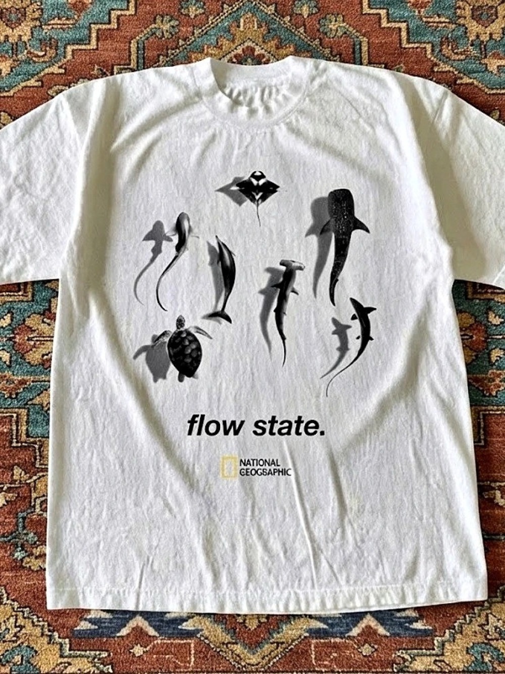 Flow State Sea Creatures Whale Shark Turtle Manta Ray Vintage White T-Shirt